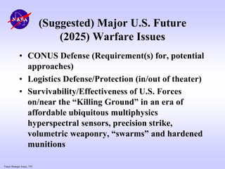 Future Strategic Issues, 7/01
(Suggested) Major U.S. Future
(2025) Warfare Issues
• CONUS Defense (Requirement(s) for, potential
approaches)
• Logistics Defense/Protection (in/out of theater)
• Survivability/Effectiveness of U.S. Forces
on/near the “Killing Ground” in an era of
affordable ubiquitous multiphysics
hyperspectral sensors, precision strike,
volumetric weaponry, “swarms” and hardened
munitions
 