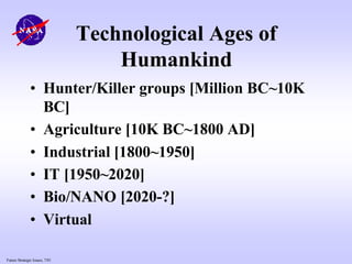 Future Strategic Issues, 7/01
Technological Ages of
Humankind
• Hunter/Killer groups [Million BC~10K
BC]
• Agriculture [10K BC~1800 AD]
• Industrial [1800~1950]
• IT [1950~2020]
• Bio/NANO [2020-?]
• Virtual
 