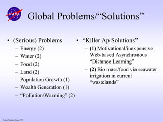 Future Strategic Issues, 7/01
Global Problems/“Solutions”
• (Serious) Problems
– Energy (2)
– Water (2)
– Food (2)
– Land (2)
– Population Growth (1)
– Wealth Generation (1)
– “Pollution/Warming” (2)
• “Killer Ap Solutions”
– (1) Motivational/inexpensive
Web-based Asynchronous
“Distance Learning”
– (2) Bio mass/food via seawater
irrigation in current
“wastelands”
 
