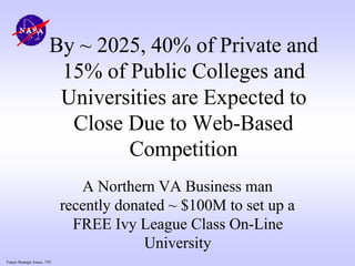 Future Strategic Issues, 7/01
By ~ 2025, 40% of Private and
15% of Public Colleges and
Universities are Expected to
Close Due to Web-Based
Competition
A Northern VA Business man
recently donated ~ $100M to set up a
FREE Ivy League Class On-Line
University
 