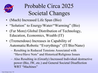 Future Strategic Issues, 7/01
Probable Circa 2025
Societal Changes
• (Much) Increased Life Span (Bio)
• “Solution” to Energy/Water/“Warming” (Bio)
• (Far More) Global Distribution of Technology,
Education, Economics, Wealth (IT)
• (Tremendous) Increases in Capability of
Automatic/Robotic “Everythings” (IT/Bio/Nano)
– Resulting in Reduced Tensions Associated with
“Have/Have Nots” and Historical/Religious Issues
– Also Resulting in (Greatly) Increased Individual destructive
power (Bio, IW, etc.) and General Societal Disaffection
WRT “Machines”
 