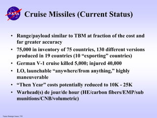 Future Strategic Issues, 7/01
Cruise Missiles (Current Status)
• Range/payload similar to TBM at fraction of the cost and
far greater accuracy
• 75,000 in inventory of 75 countries, 130 different versions
produced in 19 countries (10 “exporting” countries)
• German V-1 cruise killed 5,000; injured 40,000
• LO, launchable “anywhere/from anything,” highly
maneuverable
• “Then Year” costs potentially reduced to 10K - 25K
• Warhead(s) de jour/de hour (HE/carbon fibers/EMP/sub
munitions/CNB/volumetric)
 