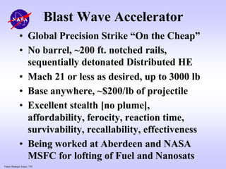 Future Strategic Issues, 7/01
Blast Wave Accelerator
• Global Precision Strike “On the Cheap”
• No barrel, ~200 ft. notched rails,
sequentially detonated Distributed HE
• Mach 21 or less as desired, up to 3000 lb
• Base anywhere, ~$200/lb of projectile
• Excellent stealth [no plume],
affordability, ferocity, reaction time,
survivability, recallability, effectiveness
• Being worked at Aberdeen and NASA
MSFC for lofting of Fuel and Nanosats
 