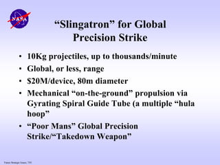Future Strategic Issues, 7/01
“Slingatron” for Global
Precision Strike
• 10Kg projectiles, up to thousands/minute
• Global, or less, range
• $20M/device, 80m diameter
• Mechanical “on-the-ground” propulsion via
Gyrating Spiral Guide Tube (a multiple “hula
hoop”
• “Poor Mans” Global Precision
Strike/“Takedown Weapon”
 