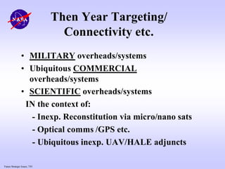 Future Strategic Issues, 7/01
Then Year Targeting/
Connectivity etc.
• MILITARY overheads/systems
• Ubiquitous COMMERCIAL
overheads/systems
• SCIENTIFIC overheads/systems
IN the context of:
- Inexp. Reconstitution via micro/nano sats
- Optical comms /GPS etc.
- Ubiquitous inexp. UAV/HALE adjuncts
 