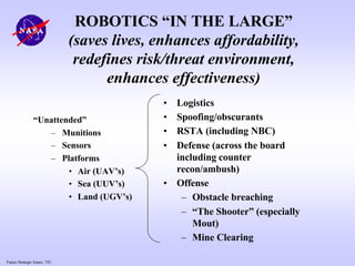 Future Strategic Issues, 7/01
ROBOTICS “IN THE LARGE”
(saves lives, enhances affordability,
redefines risk/threat environment,
enhances effectiveness)
“Unattended”
– Munitions
– Sensors
– Platforms
• Air (UAV’s)
• Sea (UUV’s)
• Land (UGV’s)
• Logistics
• Spoofing/obscurants
• RSTA (including NBC)
• Defense (across the board
including counter
recon/ambush)
• Offense
– Obstacle breaching
– “The Shooter” (especially
Mout)
– Mine Clearing
 