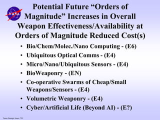 Future Strategic Issues, 7/01
Potential Future “Orders of
Magnitude” Increases in Overall
Weapon Effectiveness/Availability at
Orders of Magnitude Reduced Cost(s)
• Bio/Chem/Molec./Nano Computing - (E6)
• Ubiquitous Optical Comms - (E4)
• Micro/Nano/Ubiquitous Sensors - (E4)
• BioWeaponry - (EN)
• Co-operative Swarms of Cheap/Small
Weapons/Sensors - (E4)
• Volumetric Weaponry - (E4)
• Cyber/Artificial Life (Beyond AI) - (E?)
 