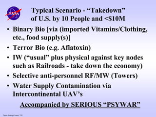 Future Strategic Issues, 7/01
Typical Scenario - “Takedown”
of U.S. by 10 People and <$10M
• Binary Bio [via (imported Vitamins/Clothing,
etc., food supply(s)]
• Terror Bio (e.g. Aflatoxin)
• IW (“usual” plus physical against key nodes
such as Railroads - take down the economy)
• Selective anti-personnel RF/MW (Towers)
• Water Supply Contamination via
Intercontinental UAV’s
Accompanied by SERIOUS “PSYWAR”
 