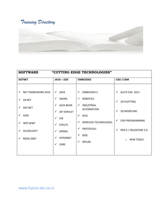 Training Directory




SOFTWARE               “CUTTING EDGE TECHNOLOGIES”

DOTNET                  JAVA – J2EE     EMBEDDED                  CAD / CAM



 NET FRAMEWORK 2010     JAVA           EMBEDDED-C               AUTO CAD 2011

 C#.NET                 SWING          ROBOTICS
                                                                   2D PLOTTING
                         JAVA-BEAN      INDUSTRIAL
 ASP.NET
                                          AUTOMATION
                         JSP-SERVLET                              3D MODELING
 AJAX                                   RFID
                         EJB
                                                                   CAD PROGRAMMING
 WPF,WWF                                WIRELESS TECHNOLOIGES
                         STRUTS
                                         PROTOCOLS                PRO-E / WILDEFARE 5.0
 SILVERLIGHT            SPRING
                                         RIDE
 MOSS 2007              HYPERNET
                                                                        o     NEW TOOLS
                                         MPLAB
                         J2ME




www.future-tec.co.in
 