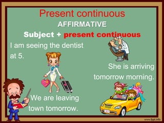 Present continuous
AFFIRMATIVE
Subject + present continuous
I am seeing the dentist
at 5.
She is arriving
tomorrow morning.
We are leaving
town tomorrow.
 