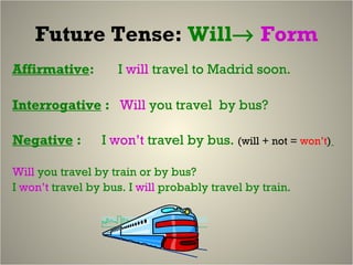 Future Tense:  Will    Form Affirmative :  I  will   travel to Madrid soon.  Interrogative  :  Will  you travel  by bus?  Negative  :  I  won’t  travel by bus.  (will + not =  won’t )   Will  you travel by train or by bus? I  won’t  travel by bus. I  will  probably travel by train.  