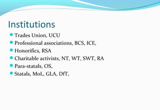 Institutions
Trades Union, UCU
Professional associations, BCS, ICE,
Honorifics, RSA
Charitable activists, NT, WT, SWT, RA
Para-statals, OS,
Statals, MoL, GLA, DfT,
 