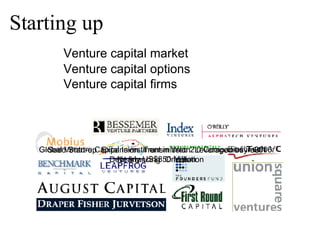 Starting up Venture capital options Venture capital market  Venture capital firms Global Venture Capital Investment in Web 2.0 Companies in 2006: Nearly US$850 Million Seed Start-up  Expansion  Transmission  Leveraged buy-out  Debt financing  Orientation 