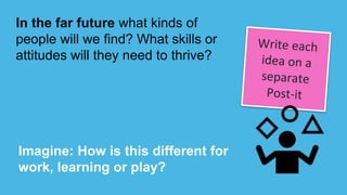 In the far future what kinds of
people will we find? What skills or
attitudes will they need to thrive?
Imagine: How is this different for
work, learning or play?
 