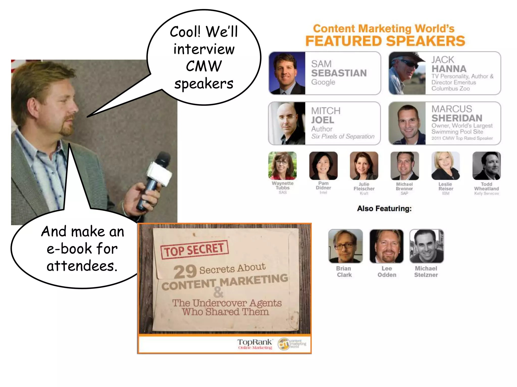 Cool! We’ll
              interview
                 CMW
               speakers




And make an
 e-book for
 attendees.
 
