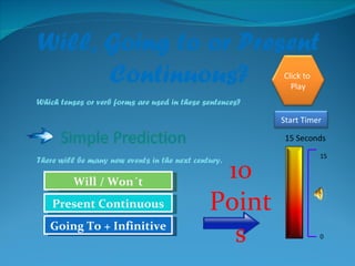 Will, Going to or Present Continuous? Which tenses or verb forms are used in these sentences? There will be many new events in the next century. 15 Seconds 15 0 Try Again Great Job! Present Continuous Will / Won´t Try Again Going To + Infinitive 10 Points Start Timer Click  to  Play 