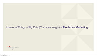 Internet of Things + Big Data (Customer Insight) = Predictive Marketing 
Monday, October 6, 14 
 
