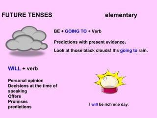 FUTURE TENSES  elementary BE +  GOING TO  + Verb Predictions with present evidence . Look at those black clouds! It’s  goi...