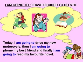 I AM GOING TO :  I HAVE DECIDED TO DO STH. Today, I  am going to  drive my new motorcycle, then I  am going to  phone my b...