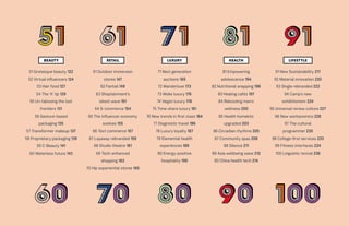 51 Grotesque beauty 122
52 Virtual influencers 124
53 Hair food 127
54 The ‘It’ lip 129
55 Un-tabooing the last
frontiers 131
56 Gesture-based
packaging 135
57 Transformer makeup 137
58 Proprietary packaging 139
59 C-Beauty 141
60 Waterless future 143
61 Outdoor immersion
stores 147
62 Fantail 149
63 Shoptainment’s
latest wave 151
64 S-commerce 154
65 The influencer economy
evolves 155
66 Text commerce 157
67 Layaway rebranded 159
68 Studio theatre 161
69 Tech-enhanced
shopping 163
70 Hip experiential stores 165
71 Next generation
auctions 169
72 Wanderluxe 173
73 Woke luxury 176
74 Vegan luxury 178
75 Time-share luxury 181
76 New trends in first class 184
77 Diagnostic travel 186
78 Luxury loyalty 187
79 Elemental health
experiences 189
80 Energy-positive
hospitality 190
81 Empowering
adolescence 194
82 Nutritional snapping 196
83 Healing cafés 197
84 Rebooting men’s
wellness 200
85 Health homekits
upgraded 203
86 Circadian rhythms 205
87 Community spas 208
88 Silence 211
89 Asia wellbeing wave 212
90 China health tech 214
91 New Sustainability 217
92 Material innovation 220
93 Single rebranded 222
94 Camp’s new
exhibitionism 224
95 Universal review culture 227
96 New workanomics 228
97 The cultural
programmer 230
98 College-first services 233
99 Fitness interfaces 234
100 Linguistic revival 236
HEALTH LIFESTYLERETAILBEAUTY LUXURY
 