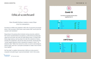 Did They Help? website
BRANDS & MARKETING THE FUTURE 100 81
Ethical scoreboard
How brands behave matters more than
ever to consumers.
According to an IBM survey published in 2020, 40% of consumers are purpose-
driven in their purchases, while Forbes mused whether 2020 “was the year that
‘purpose’ went mainstream.”
Responding to this growing ethical motivation among consumers, platforms
that monitor corporate behavior are popping up, while brands are putting their
values front and center, even when this raises difficult issues. In October 2020,
Disney began placing a warning ahead of its older films streamed on Disney+,
including The Jungle Book, Lady and the Tramp and Dumbo, warning that they
“include negative depictions and/or mistreatment of people or culture.” The
disclaimer adds: “Rather than remove this content, we want to acknowledge its
harmful impact, learn from it, and spark conversation to create a more inclusive
future together.”
Did They Help? is a platform that launched in 2020 as an online record of
companies’ and public figures’ “good and bad deeds,” which it then scores.
 