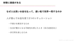 体験に価値がある
MASH.inc all rights reserved
なぜ人は高いお金を払って、遅い船で世界一周するのか
・不便さを解消するため
・生活が豊かになる可能性を感じたとき（自己成長含む）
・非日常を楽しむため
人が喜んでお金を使う3つのシチュエーション
 