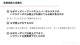 体験価格の高騰化
MASH.inc all rights reserved
Q) なぜディズニーランドやユニバーサルスタジオ、
ハウステンボスは値上げを続けてもお客が来るのか
A) そこでしかできない体験があるから
Q) なぜ値上げをするのか
A) 純粋に売上が伸びる、来場者の特別感が上がる、そして来場者が減少する
Q) なぜキッザニアは値上げできて、
レゴランドは実質値下げしたのか
 