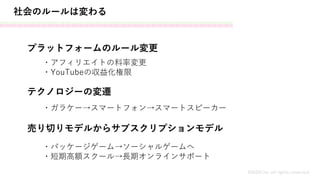 社会のルールは変わる
MASH.inc all rights reserved
プラットフォームのルール変更
・アフィリエイトの料率変更
・YouTubeの収益化権限
テクノロジーの変遷
・ガラケー→スマートフォン→スマートスピーカー
売り切りモデルからサブスクリプションモデル
・パッケージゲーム→ソーシャルゲームへ
・短期高額スクール→長期オンラインサポート
 