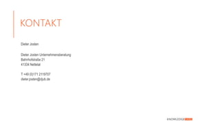 KONTAKT
Dieter Josten
Dieter Josten Unternehmensberatung
Bahnhofstraße 21
41334 Nettetal
T +49 (0)171 2119707
dieter.josten@djub.de
 
