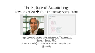 The Future of Accounting:
Towards 2020  The Predictive Accountant
https://www.slideshare.net/ssood/future2020
Suresh Sood, PhD
suresh.sood@charteredaccountantsanz.com
@soody
 
