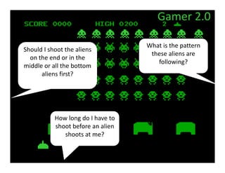 Gamer 2.0

                                    What is the pattern 
Should I shoot the aliens 
                                     these aliens are 
  on the end or in the 
                                       following?
middle or all the bottom 
      aliens first?




           How long do I have to 
           shoot before an alien 
              shoots at me?
 