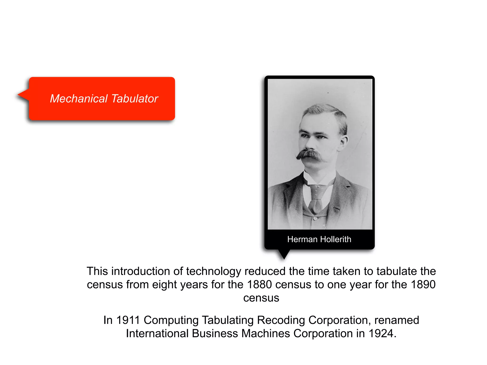 Mechanical Tabulator

Herman Hollerith

This introduction of technology reduced the time taken to tabulate the
census from eight years for the 1880 census to one year for the 1890
census
In 1911 Computing Tabulating Recoding Corporation, renamed
International Business Machines Corporation in 1924.

 