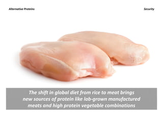 Alternative Proteins                                             Security




            The shift in global diet from rice to meat brings 
          new sources of protein like lab‐grown manufactured 
            meats and high protein vegetable combinations
 