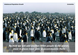 Imbalanced Population Growth                              Certainties




      By 2020 we will add another 700m people to the planet, 
      By 2020 we will add another 700m people to the planet,
          most in places least  able to accommodate them
 