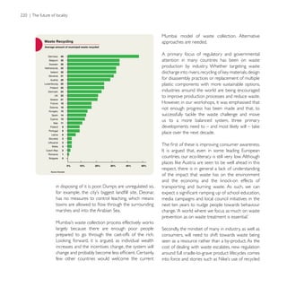 Mumbai model of waste collection. Alternative
                                                       approaches are needed.

                                                       A primary focus of regulatory and governmental
                                                       attention in many countries has been on waste
                                                       production by industry. Whether targeting waste

                                                       for disassembly practices or replacement of multiple
                                                       plastic components with more sustainable options,
                                                       industries around the world are being encouraged
                                                       to improve production processes and reduce waste.

                                                       not enough progress has been made and that, to

                                                       us to a more balanced system, three primary

                                                       place over the next decade.




                                                       countries, our eco-literacy is still very low. Although


                                                       of the impact that waste has on the environment

                                                       transporting and burning waste. As such, we can

has no measures to control leaching, which means       media campaigns and local council initiatives in the
                                                       next ten years to nudge people towards behaviour
                                                       change. ‘A world where we focus as much on waste


largely because there are enough poor people
prepared to go through the cast-offs of the rich.      consumers, will need to shift towards waste being
                                                       seen as a resource rather than a by-product. As the
increases and the incentives change, the system will   cost of dealing with waste escalates, new regulation
                                                       around full cradle-to-grave product lifecycles comes
few other countries would welcome the current
 