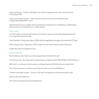 Narayana Hospital – Model for Affordable Care:


                                  Wall Street Journal:




Pharma foods
                                                         http://www.who.int/foodsafety/publications/
fs_management/en/probiotics.pdf




                                                            http://www.bio.org/animals/faq.asp

             http://www.goldenrice.org/




Terry Pratchett lecture on assisted suicide:

                                  Guardian

         http://www.dignitas.ch

      http://www.exitinternational.net/page/Home
 