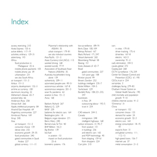 cars


                              see also individual countries

Africa
     food production in




                          Australia, householders living
       see also




                                                                                          Chatham House Centre on

                                                                                          child mortality and population
amyloid beta 66                                               businesses


                                                                                          China


                                                              Canada

Asia

                                                                  from aviation 151
                          Big Brother
                          bio-fuel                                and electric cars 165          and global currency 111,
                              in aviation 151
                              impact on food production
 