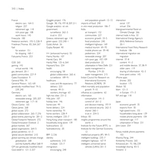 France                                                                              interaction

                                                  in vitro
                                    government




fuel
       for aviation 151
                                                                                    international migration see
                                                                                         migration




                                    health             waste management in


                                                                                    iPhone apps
                                    healthcare

                                                  infant mortality and population


       electric cars 165                          information




                                                                                        high-speed trains 155


                                                  insights programmes around the
                                                       world x




global warming see climate change   identity

                                                  intelligent unmanned aerial
       see                          immigration
 