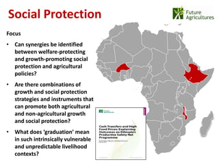 Social Protection
                                     22% 42%
Focus
• Can synergies be identified
  between welfare-protecting
                                               12%   17%
  and growth-promoting social
  protection and agricultural
  policies?
• Are there combinations of
  growth and social protection
  strategies and instruments that
  can promote both agricultural
  and non-agricultural growth
  and social protection?
• What does ‘graduation’ mean
  in such intrinsically vulnerable
  and unpredictable livelihood
  contexts?
 
