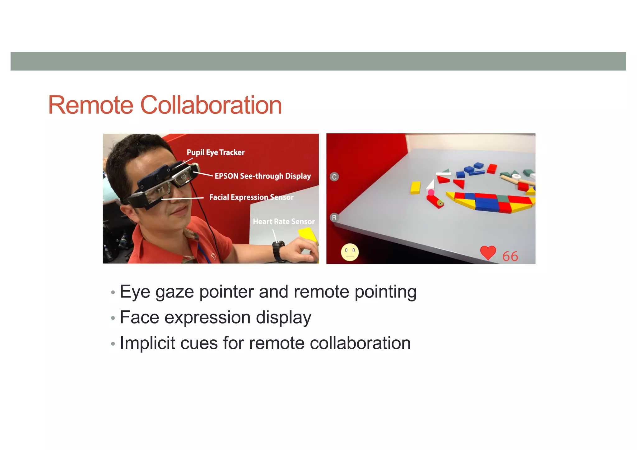 Remote Collaboration
• Eye gaze pointer and remote pointing
• Face expression display
• Implicit cues for remote collaboration
 