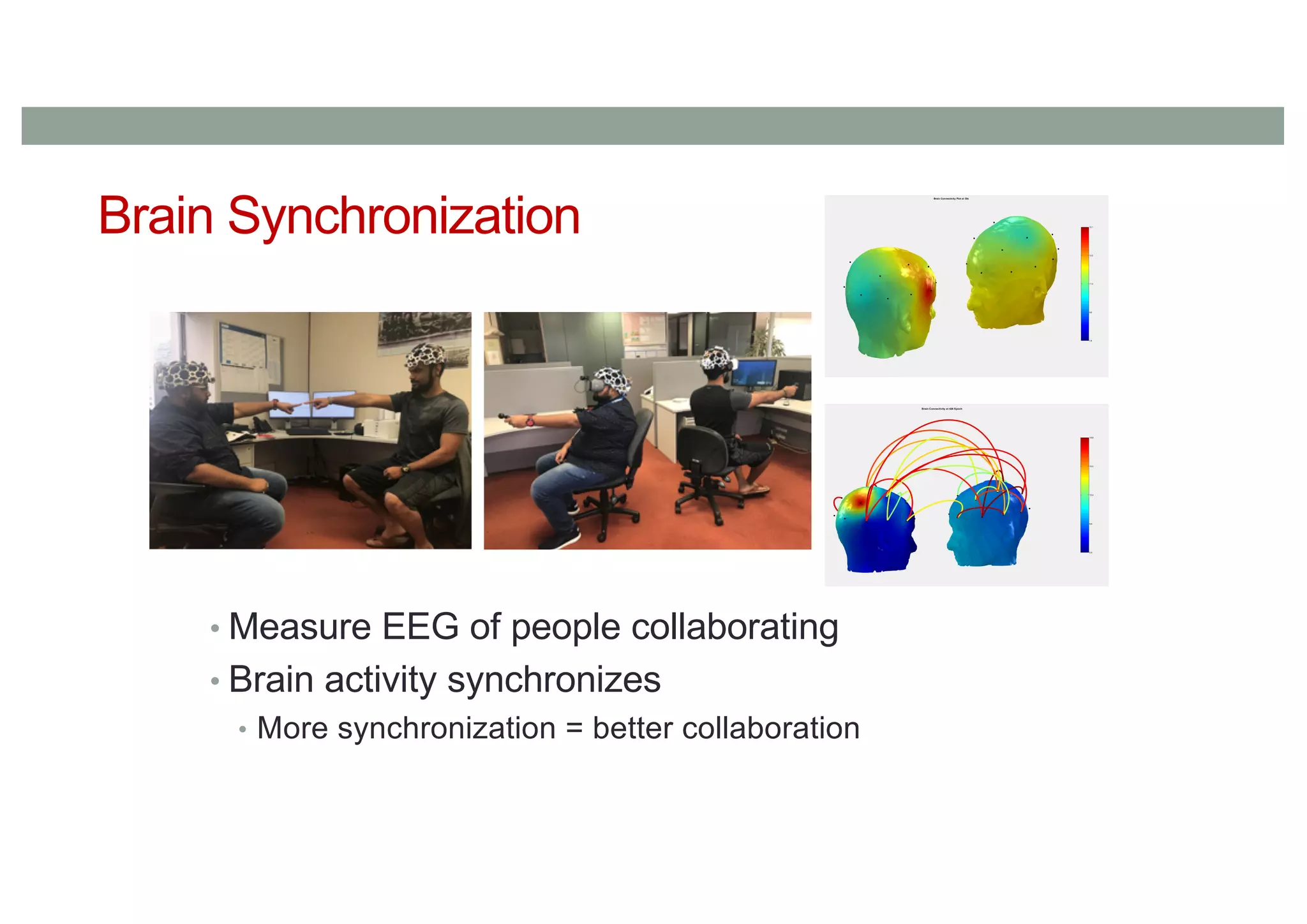 Brain Synchronization
• Measure EEG of people collaborating
• Brain activity synchronizes
• More synchronization = better collaboration
 