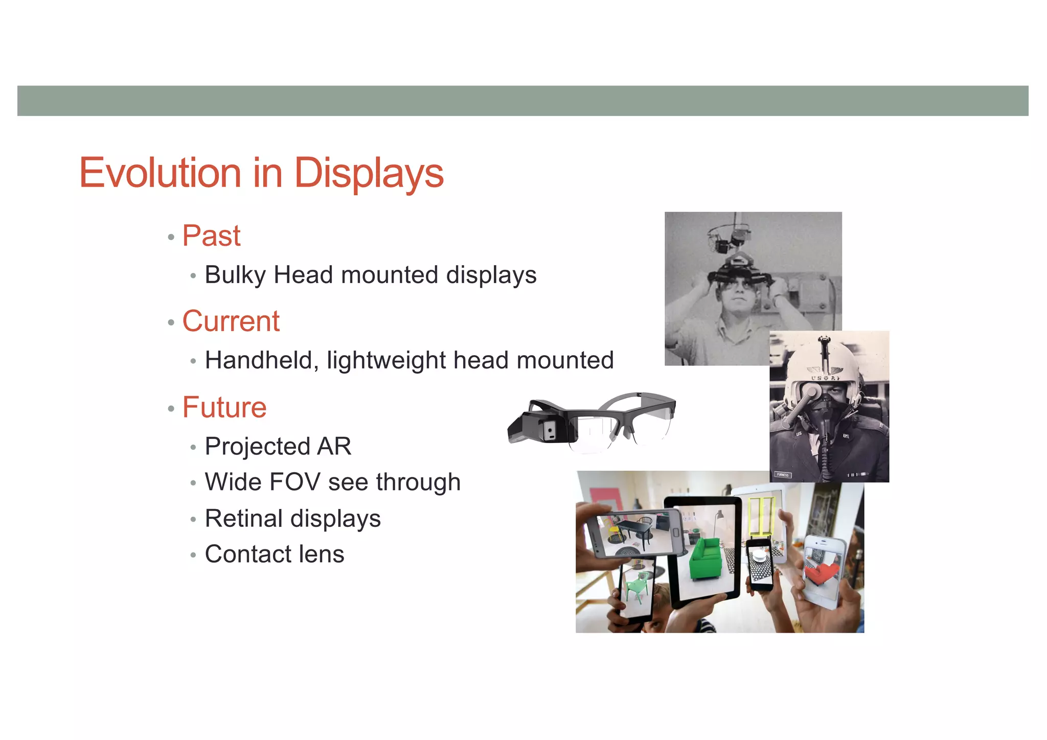 • Past
• Bulky Head mounted displays
• Current
• Handheld, lightweight head mounted
• Future
• Projected AR
• Wide FOV see through
• Retinal displays
• Contact lens
Evolution in Displays
 