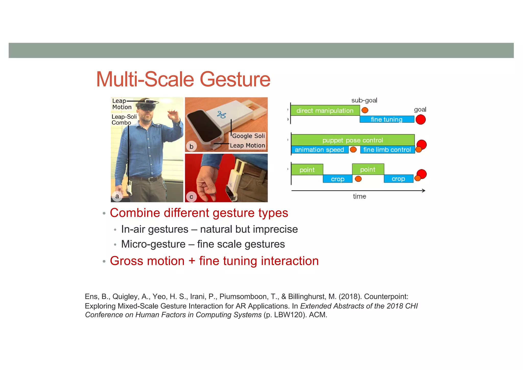 Multi-Scale Gesture
• Combine different gesture types
• In-air gestures – natural but imprecise
• Micro-gesture – fine scale gestures
• Gross motion + fine tuning interaction
Ens, B., Quigley, A., Yeo, H. S., Irani, P., Piumsomboon, T., & Billinghurst, M. (2018). Counterpoint:
Exploring Mixed-Scale Gesture Interaction for AR Applications. In Extended Abstracts of the 2018 CHI
Conference on Human Factors in Computing Systems (p. LBW120). ACM.
 