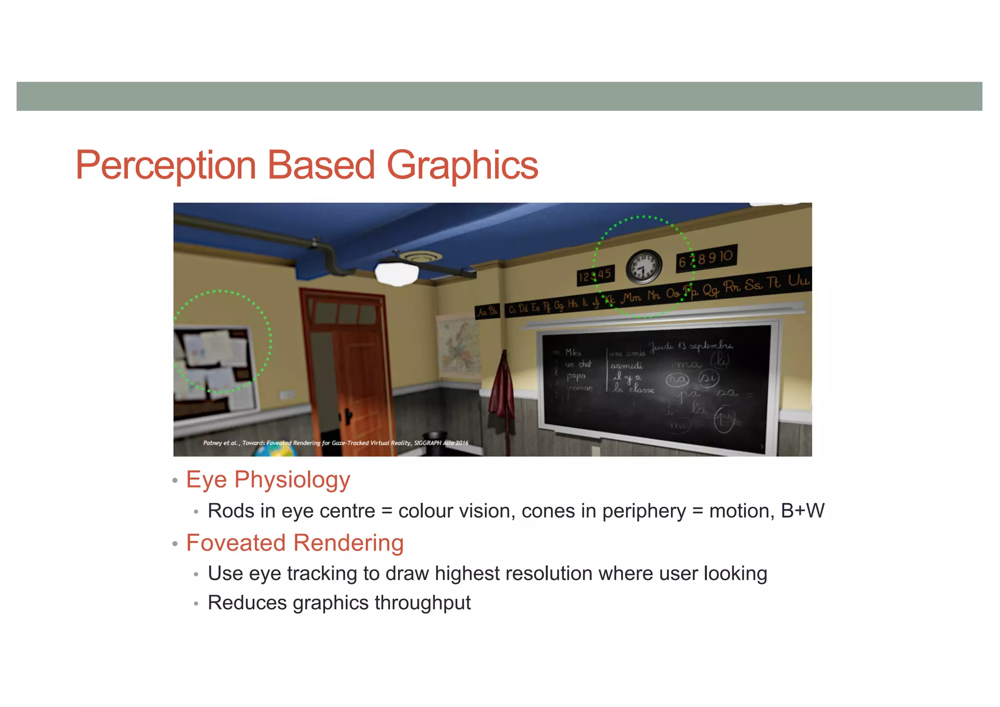Perception Based Graphics
• Eye Physiology
• Rods in eye centre = colour vision, cones in periphery = motion, B+W
• Foveated Rendering
• Use eye tracking to draw highest resolution where user looking
• Reduces graphics throughput
 