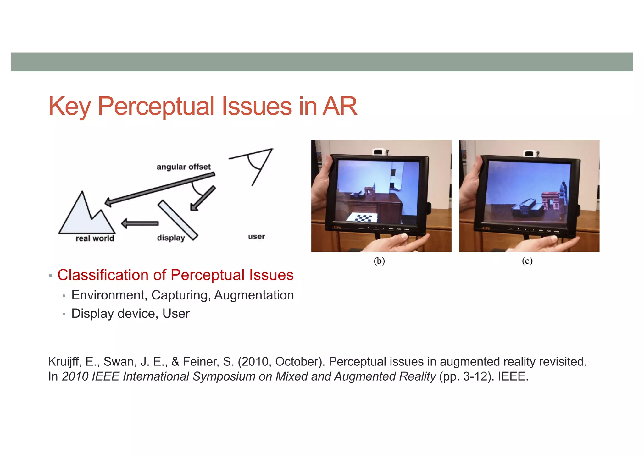 Key Perceptual Issues in AR
• Classification of Perceptual Issues
• Environment, Capturing, Augmentation
• Display device, User
Kruijff, E., Swan, J. E., & Feiner, S. (2010, October). Perceptual issues in augmented reality revisited.
In 2010 IEEE International Symposium on Mixed and Augmented Reality (pp. 3-12). IEEE.
 