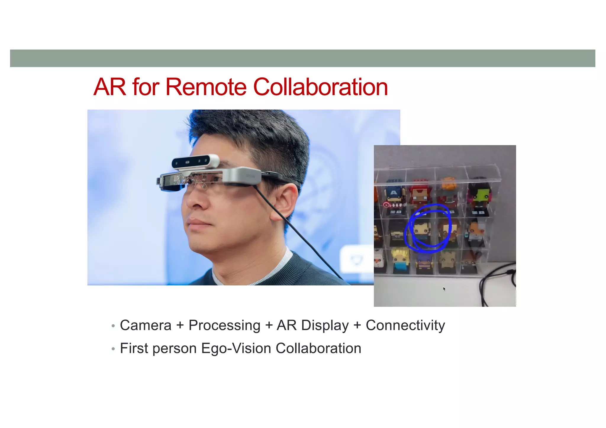 AR for Remote Collaboration
• Camera + Processing + AR Display + Connectivity
• First person Ego-Vision Collaboration
 