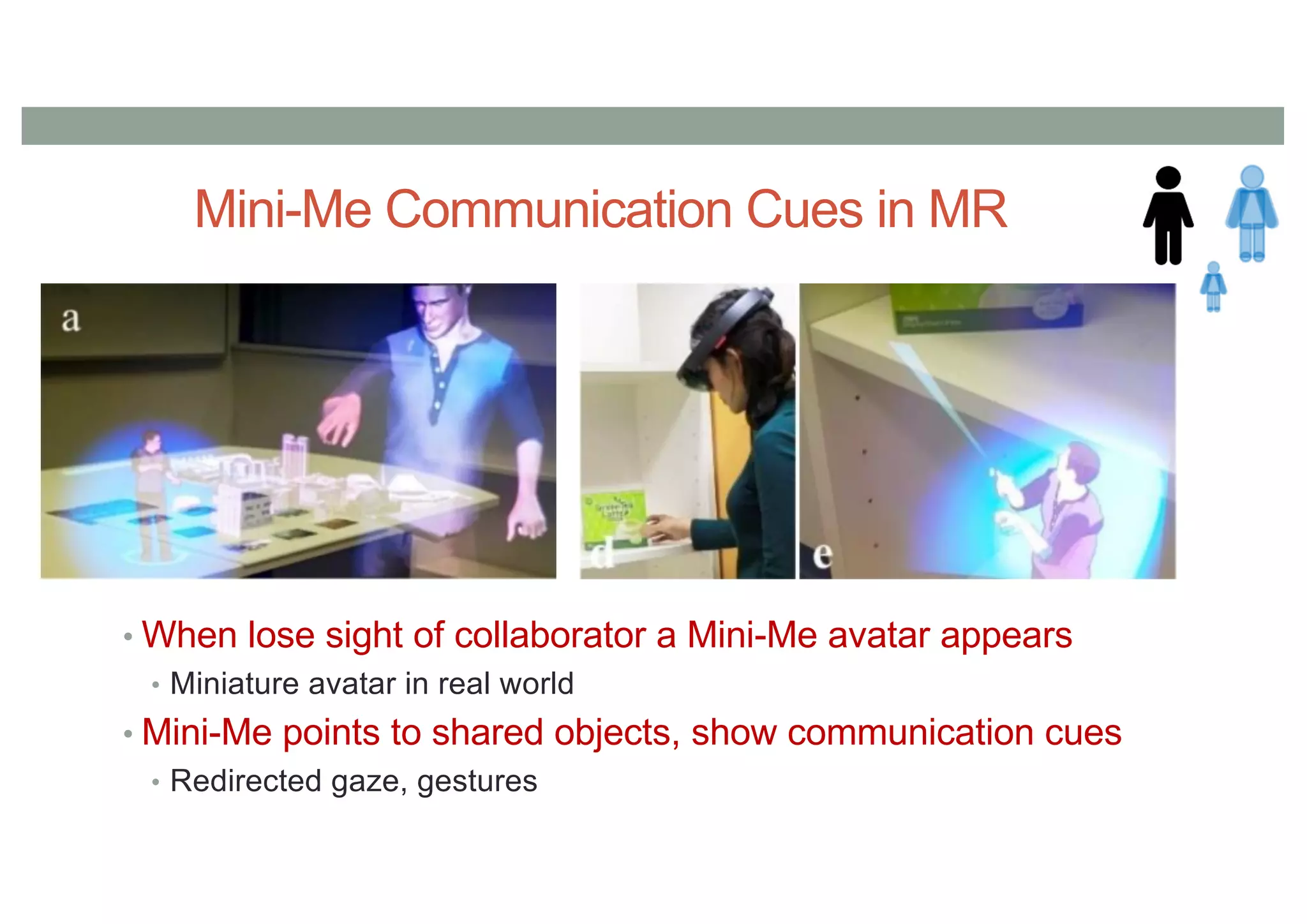 Mini-Me Communication Cues in MR
• When lose sight of collaborator a Mini-Me avatar appears
• Miniature avatar in real world
• Mini-Me points to shared objects, show communication cues
• Redirected gaze, gestures
 