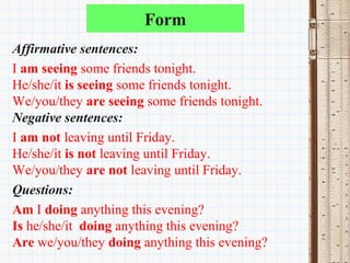 Form
Affirmative sentences:
I am seeing some friends tonight.
He/she/it is seeing some friends tonight.
We/you/they are seeing some friends tonight. 
Negative sentences:
I am not leaving until Friday.
He/she/it is not leaving until Friday.
We/you/they are not leaving until Friday.
Questions:
Am I doing anything this evening?
Is he/she/it  doing anything this evening?
Are we/you/they doing anything this evening?
 