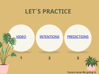 LET´S PRACTICE
1 2 3
INTENTIONS PREDICTIONS
VIDEO
Future tense Be going to
 