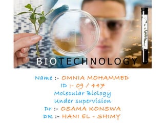Name :- OMNIA MOHAMMED
        ID :- 09 / 447
     Molecular Biology
     Under supervision
  Dr :- OSAMA KONSWA
  DR :- HANI EL - SHIMY
 